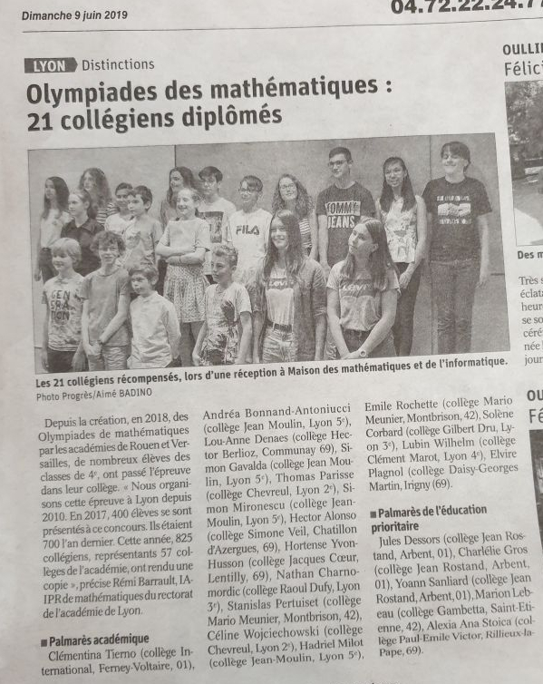 ARTICLE.Olympiades des maths Le Progrès.2019.06.09